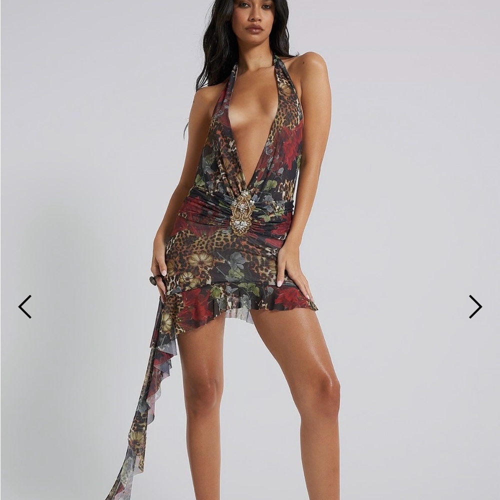 Floral Plunge Halter Dress